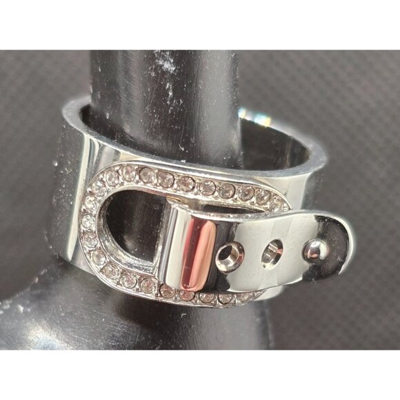 Michael Kors Silver Tone Buckle Ring Rhinestone Accents Wide Band Size 7 - Picture 6 of 8